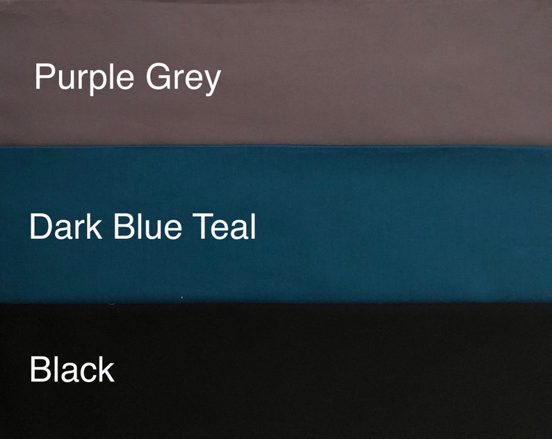 May include: Image showcasing three color swatches: Purple Grey, Dark Blue Teal, and Black. The text labels each color. The colors are solid and appear to be fabric or paint samples.