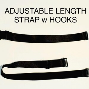 May include: Two black adjustable length straps with hooks are displayed against a white background. The text "ADJUSTABLE LENGTH STRAP w HOOKS" is printed at the top of the image. The straps appear to be made of a flexible material.