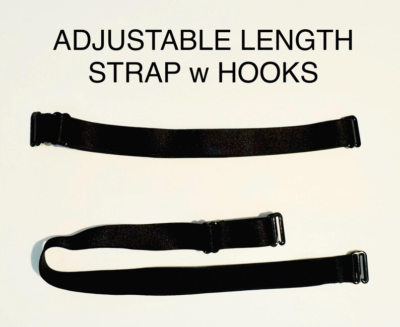 May include: Two black adjustable length straps with hooks are displayed against a white background. The text "ADJUSTABLE LENGTH STRAP w HOOKS" is printed at the top of the image. The straps appear to be made of a flexible material.