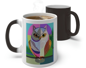 Owl Coffee Tea Mug Abstract Art Coffee Mug Tea Lovers Animal Gift Bird Watcher Gift Magic Mug Color Changing Art Black and White