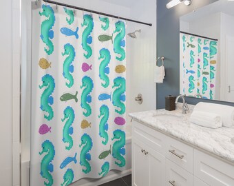 Seahorse Colored Fish Shower Curtain House Warming present Ocean Lover Blue nautical gift Beach Decor Pink Yellow Blue Green by the Sea Vibe