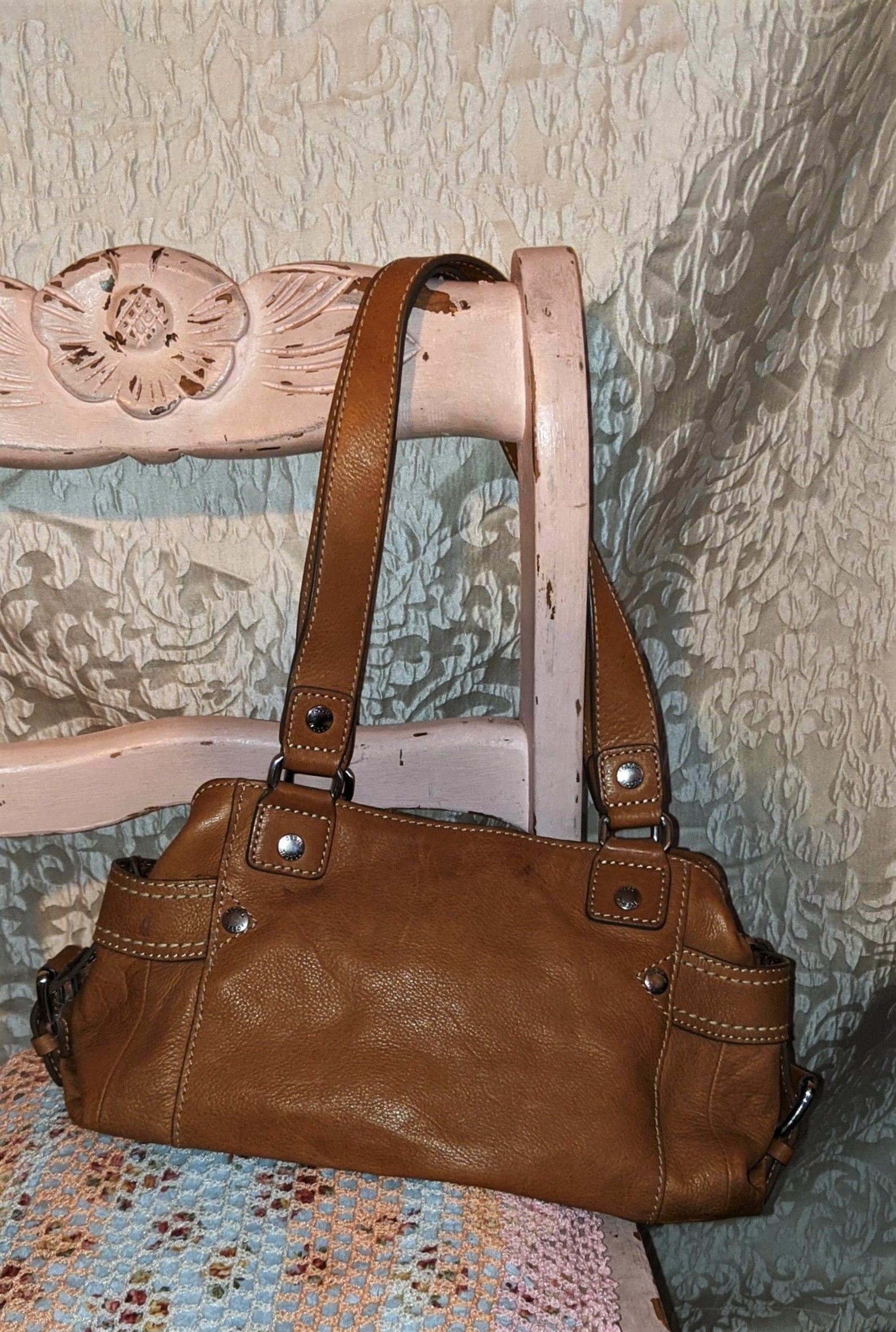 Vintage tan leather shoulder bag Fossil handbag 90s Etsy