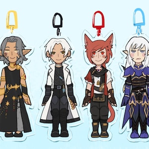 May include: Four character charms with keychains. Each charm features a different anime character with a unique design and color scheme. The characters are a white-haired male with a black coat, a red-haired female with a red and white outfit, a white-haired female with a blue and black outfit, and a brown-haired male with a black outfit.