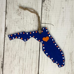 Hand Painted Florida Ornament: Blue & Orange Heart, College Gift