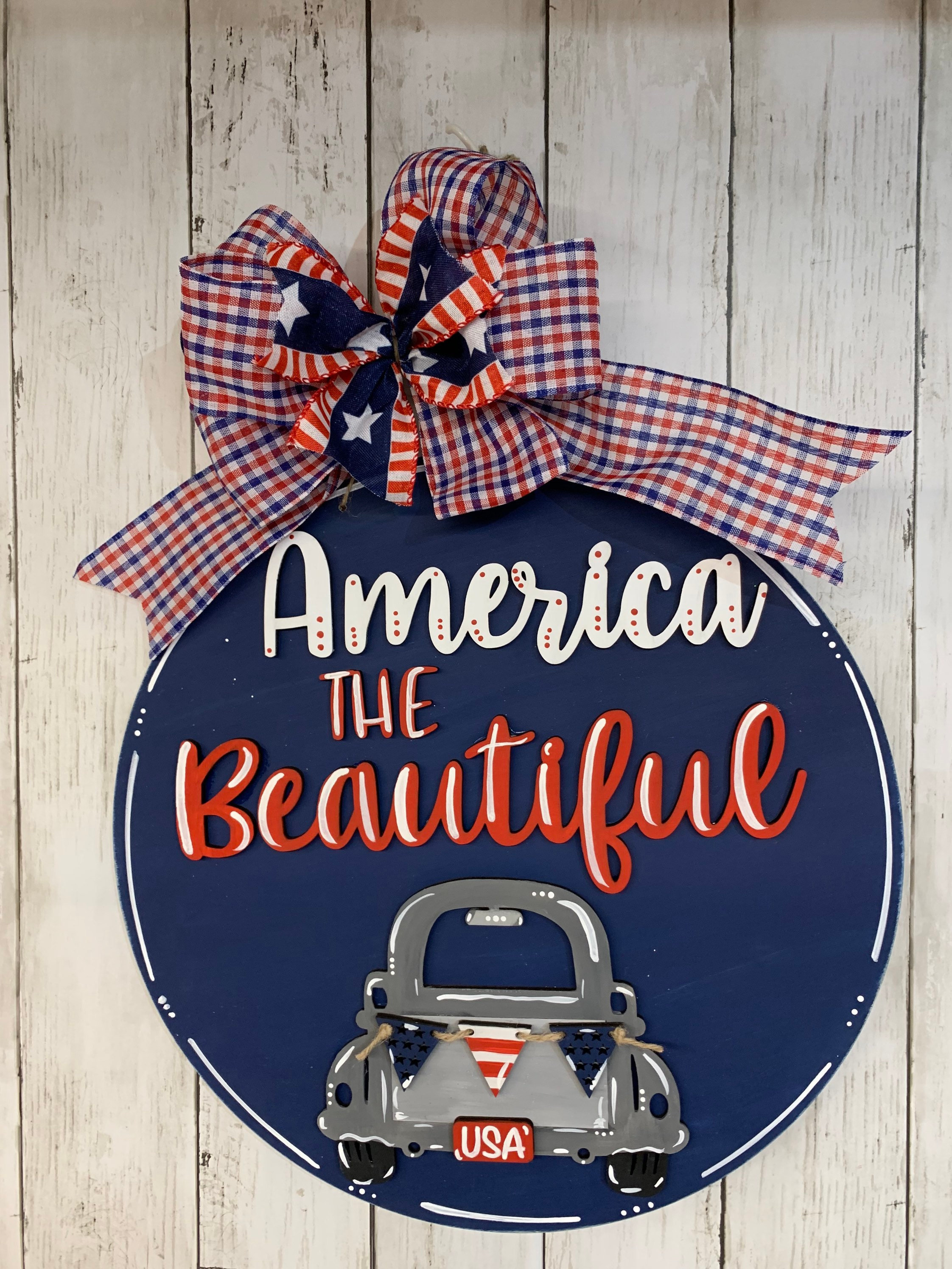 Vintage Truck 4th of July Door Hanger: Patriotic Americana Decor  Antique Vintage Wooden Hanger American Truck Furniture main image 0