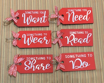 Minimalist Christmas 6 Gift Rule Tags, Wooden Christmas Gift Tags, Reusable Gift Tags, Something You Want Wear Need Read Gift Tags