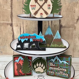 Mountains Tiered Tray Set, Cabin Decor, Mountain Decor, Gift for Hiking Couple, Black Bear Decor, Mountain Table Top Signs, Hiking Decor Set