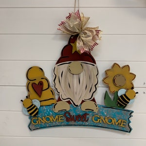 Gnome Sweet Gnome Farmhouse Door Hanger, Cottagecore Garden Decor, Whimsical Honey Bee Honeycore Gift for Grandma, Cute Hygge Sign for Gift