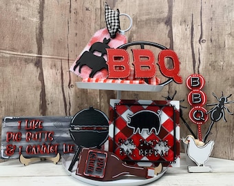 BBQ Tiered Tray Decor Set: Hand-Painted Summer Barbecue Bundle