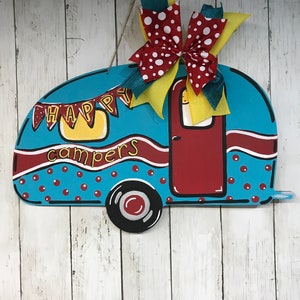 Wooden Happy Camper Door Decor, Travel Trailer Door Hanger, Happy Camper Stripes, Campsite Sign, Camper Decor, Camping Gift Idea for Couple