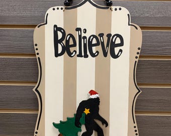 Bigfoot Sasquatch Interchangeable Christmas Tree Attachment for Door Hanger Sign, Holiday Bigfoot Attachment for Interchangeable Decor
