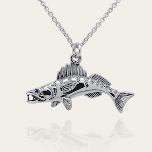 Collar de lucioperca, collar de lucioperca, collar de pesca con cadena de plata, plata de ley y piedra preciosa, regalo ideal para pescadores. © Argent Aqua