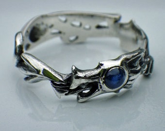 Dragon Ring, sterling silver and sapphire dragon ring, mythical medieval jewelry design, ouroboros ring, winged dragon ring. © Argent Aqua