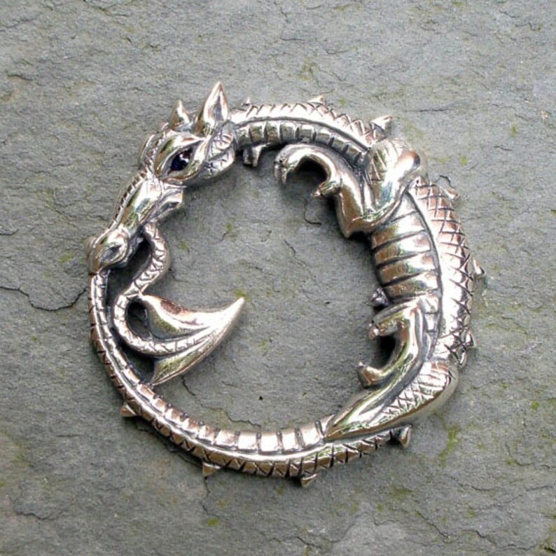 sterling silver and sapphire dragon amulet talisman. Round dragon mythical medieval dragon ouroboros pendant silver dragon necklace