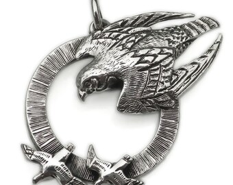 Peregrine Falcon necklace, solid sterling silver raptor pendant, bird of prey jewelry, as seen on TV. © Argent Aqua