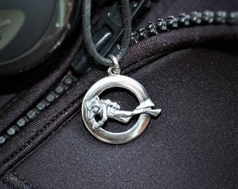 Sterling Silver Scuba Diver necklace on cord, SCUBA diver's gift ocean Jewelry.