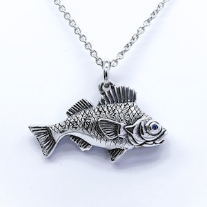 Collar de perca de plata y cadena de 20&quot;, dije de pesca en plata esterlina y piedras preciosas, colgante de pesca, regalo ideal para pescadores.