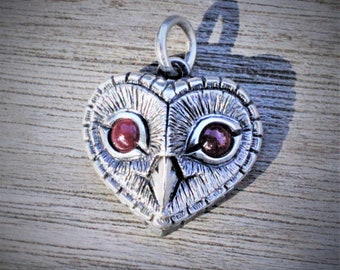 Ruby owl necklace, Birthstone for July, sterling silver heart shaped owl head pendant with ruby eyes. © Argent Aqua