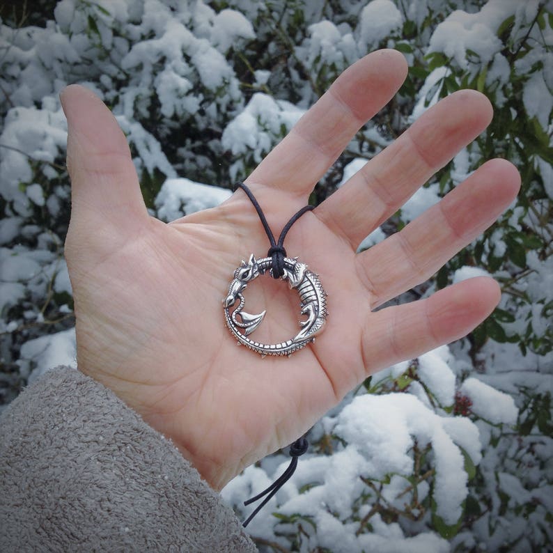 sterling silver and sapphire dragon amulet talisman. Round dragon mythical medieval dragon ouroboros pendant silver dragon necklace
