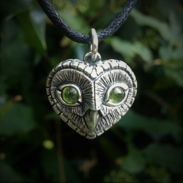 Peridot owl necklace, Birthstone for August, sterling silver heart shaped owl head pendant with green eyes. © Argent Aqua