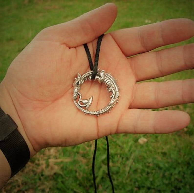 sterling silver and sapphire dragon amulet talisman. Round dragon mythical medieval dragon ouroboros pendant silver dragon necklace