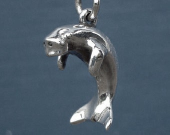 Dugong necklace, silver dugong pendant, solid silver 3D charm, wildlife jewelry. Hand made by Argent Aqua