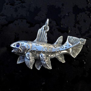 Coelacanth necklace, prehistoric biology pendant, sterling silver dinosaur age fish, natural blue sapphire, science jewelry. © Argent Aqua