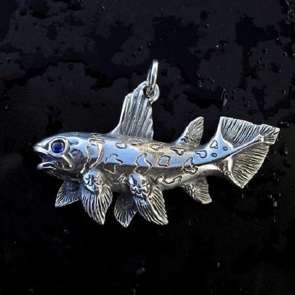 Coelacanth necklace, prehistoric biology pendant, sterling silver dinosaur age fish, natural blue sapphire, science jewelry. © Argent Aqua