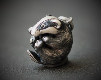 Badger necklace, baby badger jewelry, solid silver animal charm, Hufflepuff mascot. © Argent Aqua