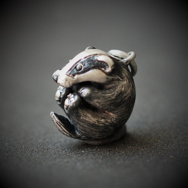 Badger necklace, baby badger jewelry, solid silver animal charm, Hufflepuff mascot. © Argent Aqua