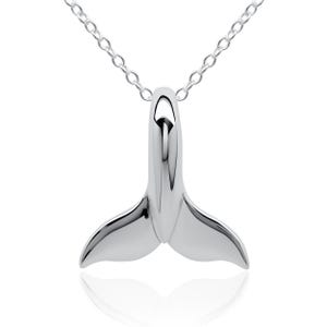 Whale tail necklace, Made from highly polished, tarnish resistant silver, hung on a solid silver chain. Classic whale fluke. © Argent Aqua