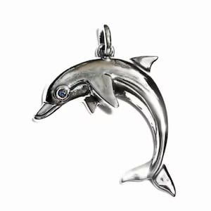 Dolphin necklace, classic silver dolphin jewelry, sterling silver and sapphire, sea life, pendant. Made by Argent Aqua