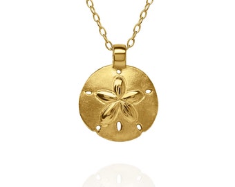 Gold vermeil Sand Dollar small charm pendant and chain. Hand made in the UK by Adrian Ashley