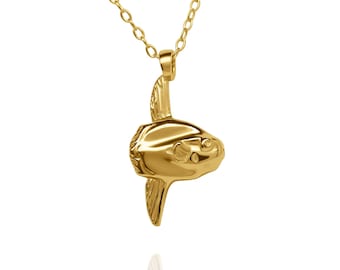 Gold vermeil Mola Mola small charm pendant and chain. Hand made in the UK by Adrian Ashley