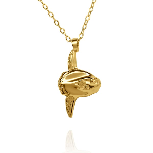 Gold vermeil Mola Mola small charm pendant and chain. Hand made in the UK by Adrian Ashley
