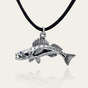 Collar de lucioperca, collar de lucioperca, collar de pesca, plata y piedras preciosas, collar de pez, colgante de pesca, regalo para pescadores. © Argent Aqua