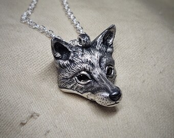 Small silver fox Necklace, fox head pendant, sterling silver and natural yellow citrine eyes, silver chain. Hand made to order© Argent Aqua