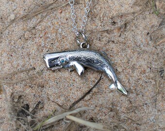 Special edition Sperm Whale necklace, platinum coated silver and blue diamond, scuba or freediving lucky charm on silver chain © Argent Aqua