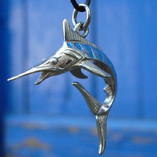 marlin swordfish necklace, blue enamelled sterling silver ocean fish sport fishing jewelry. © Argent Aqua