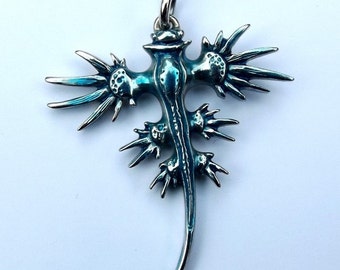 Sea Swallow necklace, silver and blue Glaucus atlanticus nudibranch, aka: blue angel, blue dragon, and blue ocean slug. © Argent Aqua