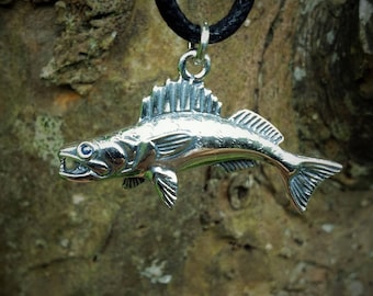 Zander necklace, walleye necklace, fishing necklace, silver and sapphire, fish necklace, fishing pendant, fishermans gift. © Argent Aqua