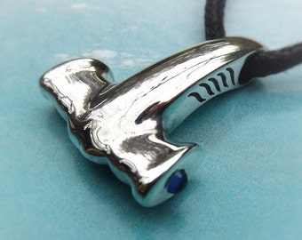 Hammerhead shark necklace, Viking Mjolnir pendant, Thor's Hammer necklace, solid sterling silver, genuine sapphire. © Argent Aqua