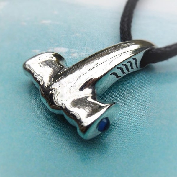 Hammerhead shark necklace, Viking Mjolnir pendant, Thor's Hammer necklace, solid sterling silver, genuine sapphire. © Argent Aqua