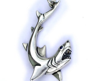 Shark necklace, white shark pendant, silver and sapphire, shark jewelry, classic sea life jewelry. © Argent Aqua