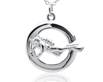 Scuba diver necklace, made from highly polished, tarnish resistant silver, hung on a solid silver chain. © Argent Aqua