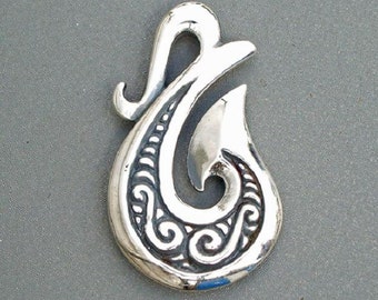 Fish hook necklace, silver fish hook, solid sterling silver pendant, Maori Hei Matau, surfer jewelry, hand made by Argent Aqua.