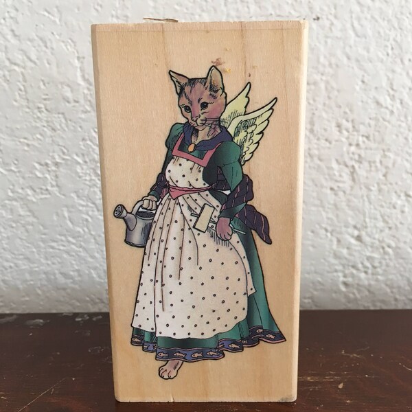 Joanne West Stamp,Cat Angel Garden, 1999 Guardian Angel Kitty Gardening with Watering Can and Apron, K7007 Rubber Stamp