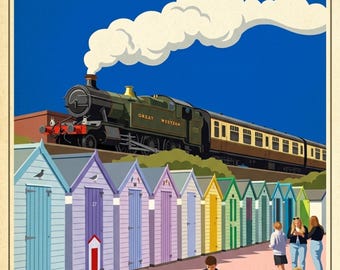 Steam Train, Paignton, Devon England - Wall Art, 1950s style vintage Portrait poster