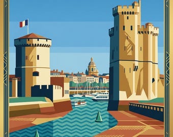 La Rochelle, Two Towers, France - Wall Art, art deco style travel Portrait poster