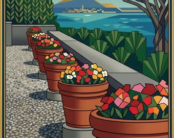 Italian Lakes Flower Pots Travel Poster, Art Deco Style Wall Art